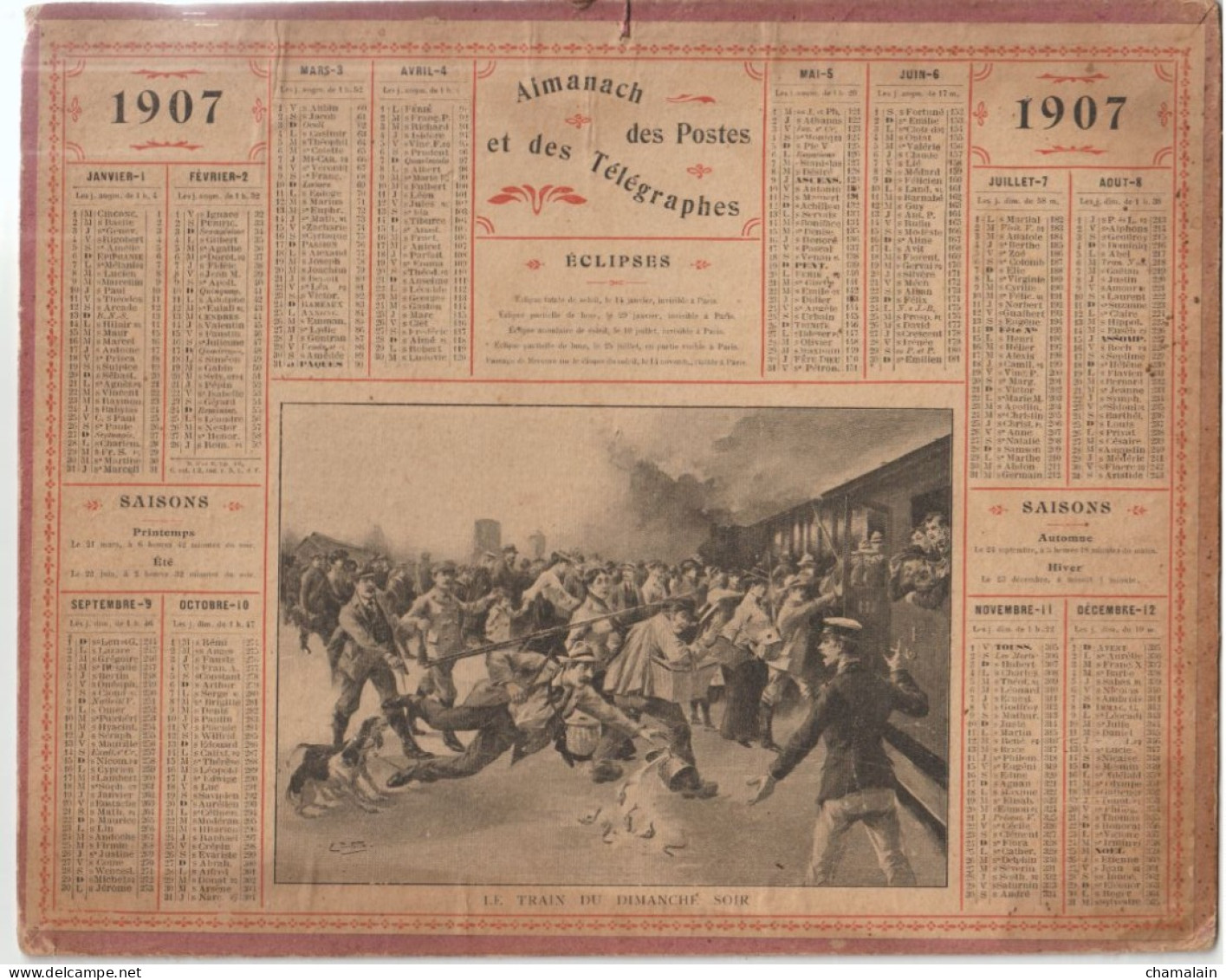 ALMANACH Des Postes Et Télégraphes  Année 1907 "Le Train Du Dimanche Soir" - Grand Format : 1901-20