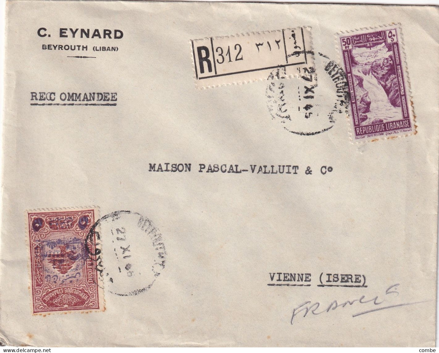 LETTRE GRAND LIBAN. RECOM. BEYROUTH 1946. C.EYNARD. ARMEE LIBANAISE N° 201B. POUR LA FRANCE  / 1321 - Lettres & Documents