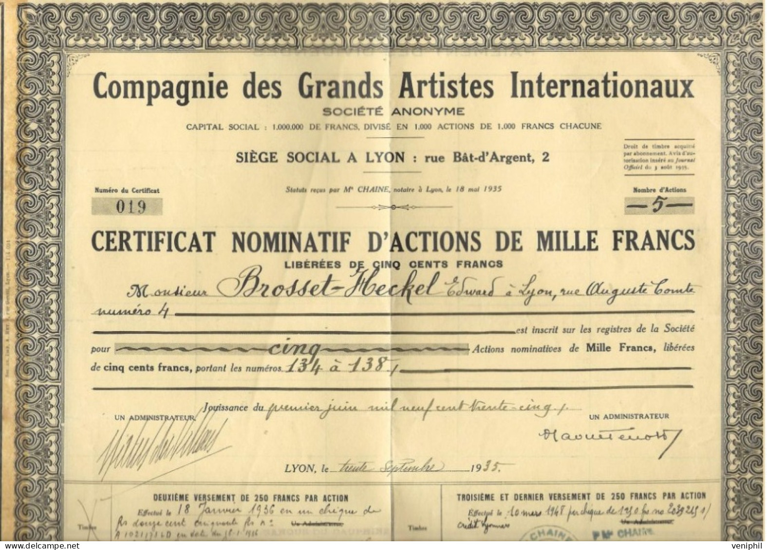 COMPAGNIE DES GRANDS ARTISTES INTERNATIONAUX -CERTIFICAT NOMINATIF D'ACTIONS DE 1000 FRS (DIVISE EN 1000 ACTIONS ) 1935 - Kino & Theater