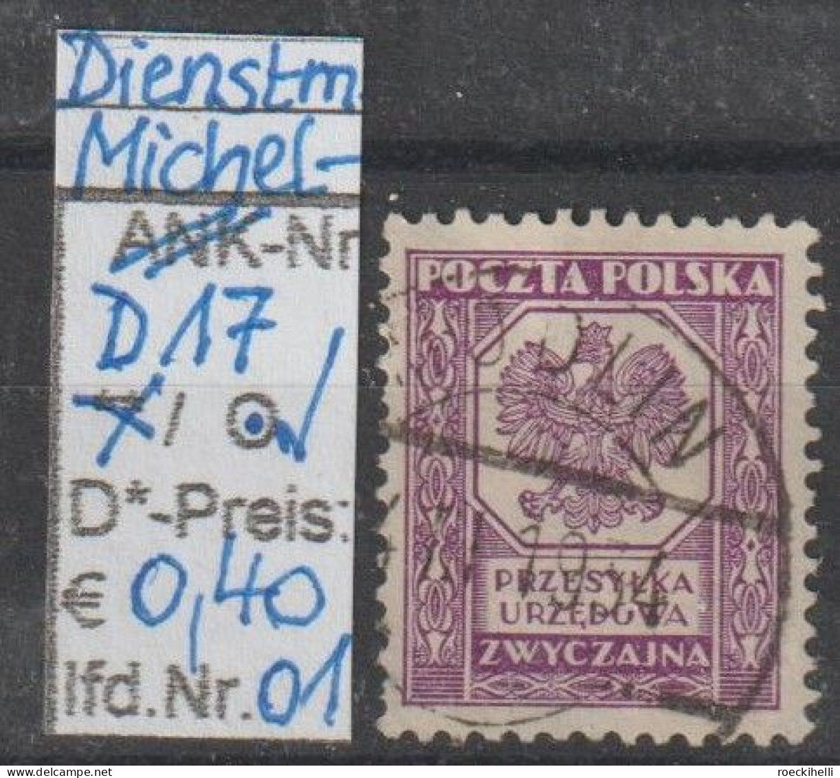 1933 - POLEN - Dienstpost-Marke "Wappenadler A. Achteck" O. Wertang.- O Gestempelt - S.Scan (pl D17o 01-02 Dienstp) - Dienstzegels