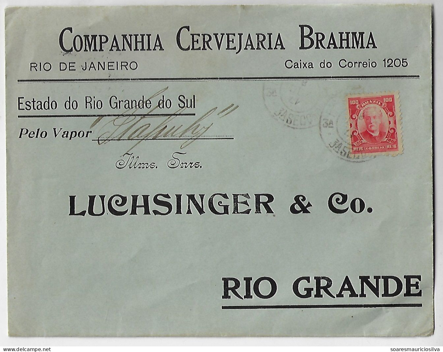 Brazil 1917 Brahma Brewery Co. Cover Reply To Luchsinger & Co In Rio Grande Vandenkolk Stamp 100 Réis By Steamer Itapuhy - Brieven En Documenten