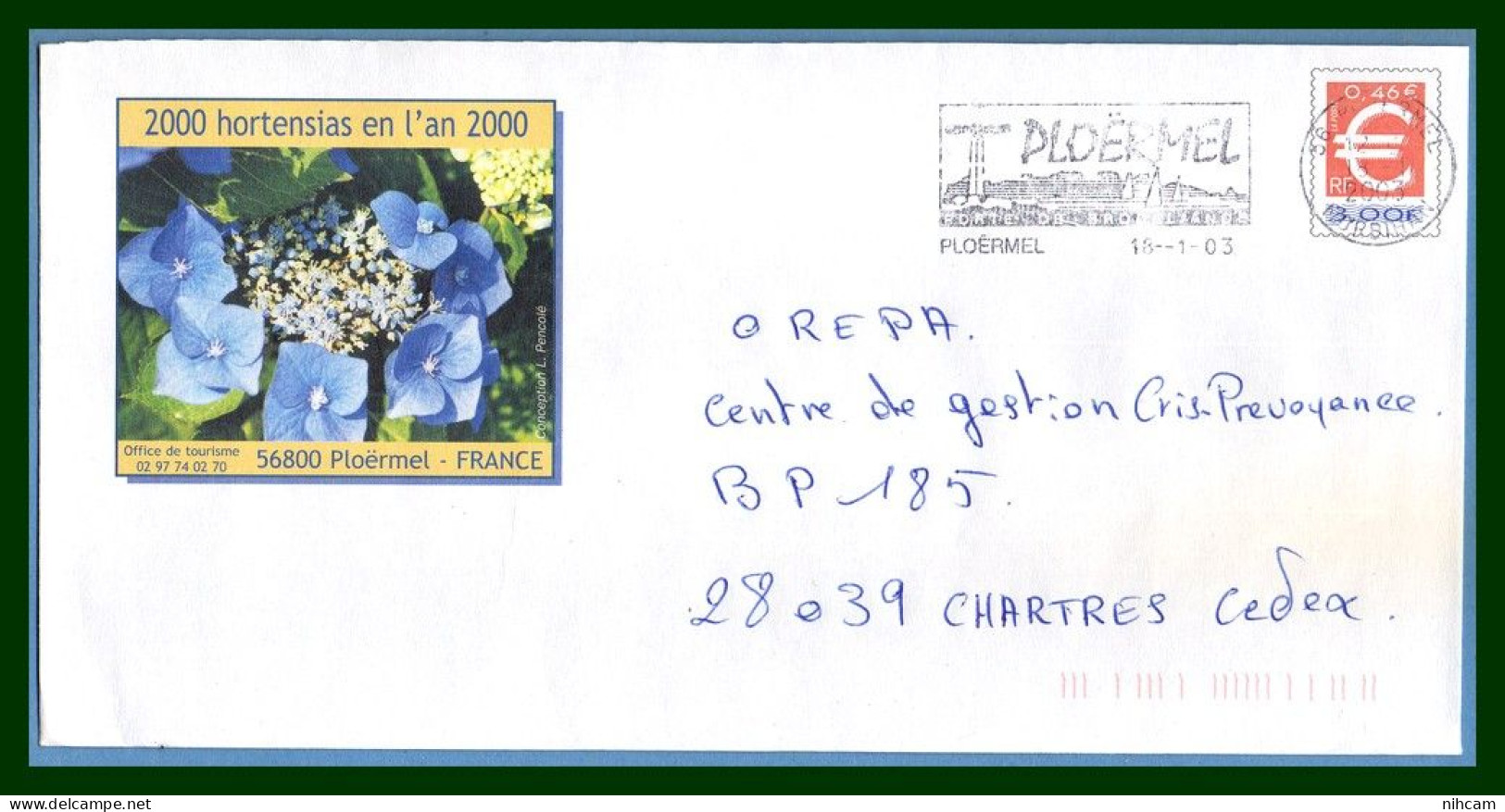 PAP € Repiqué Ploërmel 2000 Hortensias En L'an 2000 Flamme 56 Ploërmel 2003 Fleur Flower - Prêts-à-poster: Repiquages Privés