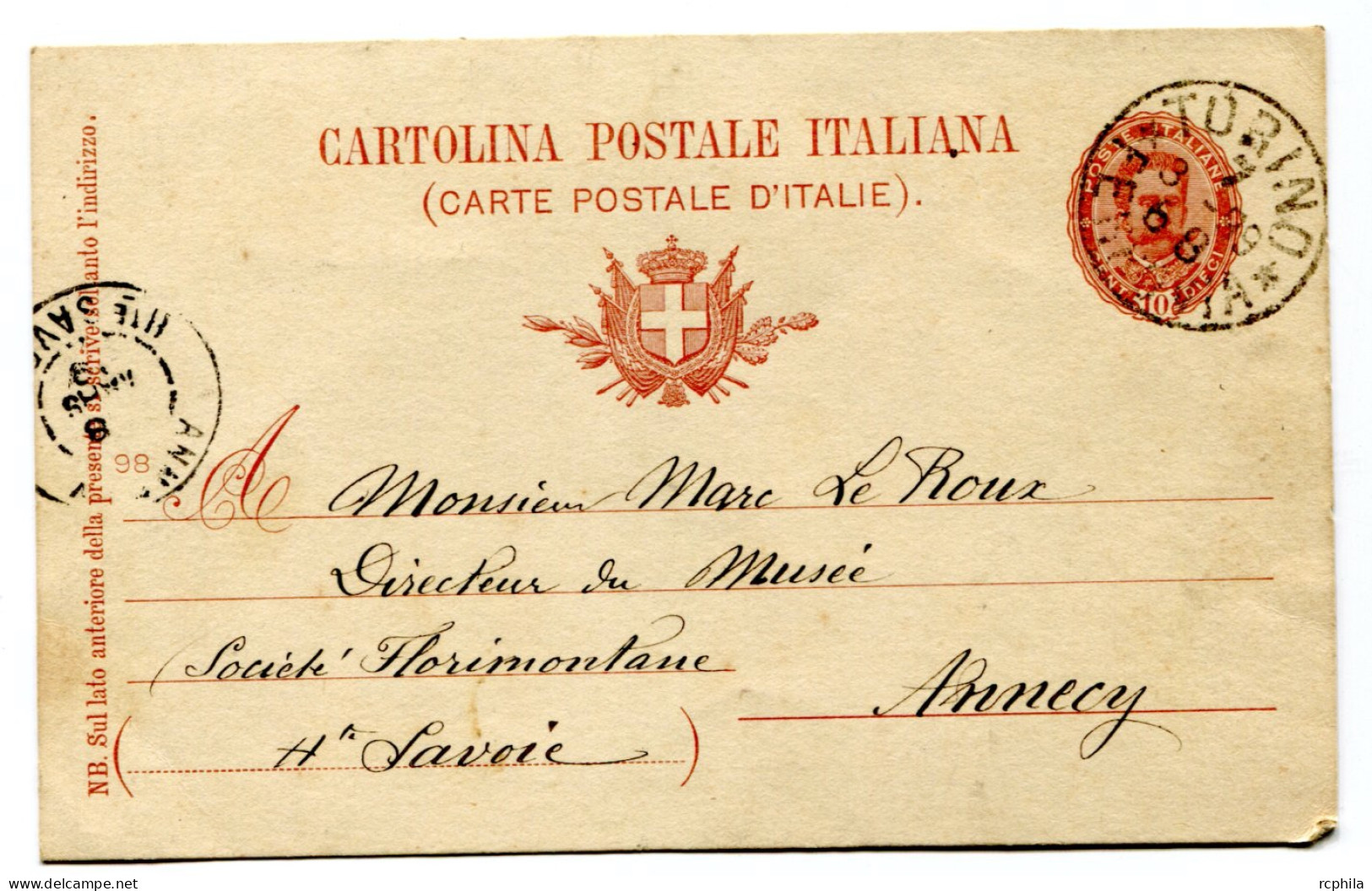 RC 24745 ITALIE 1899 ENTIER TORINO FERROVIA POUR ANNECY HAUTE SAVOIE FRANCE - Stamped Stationery