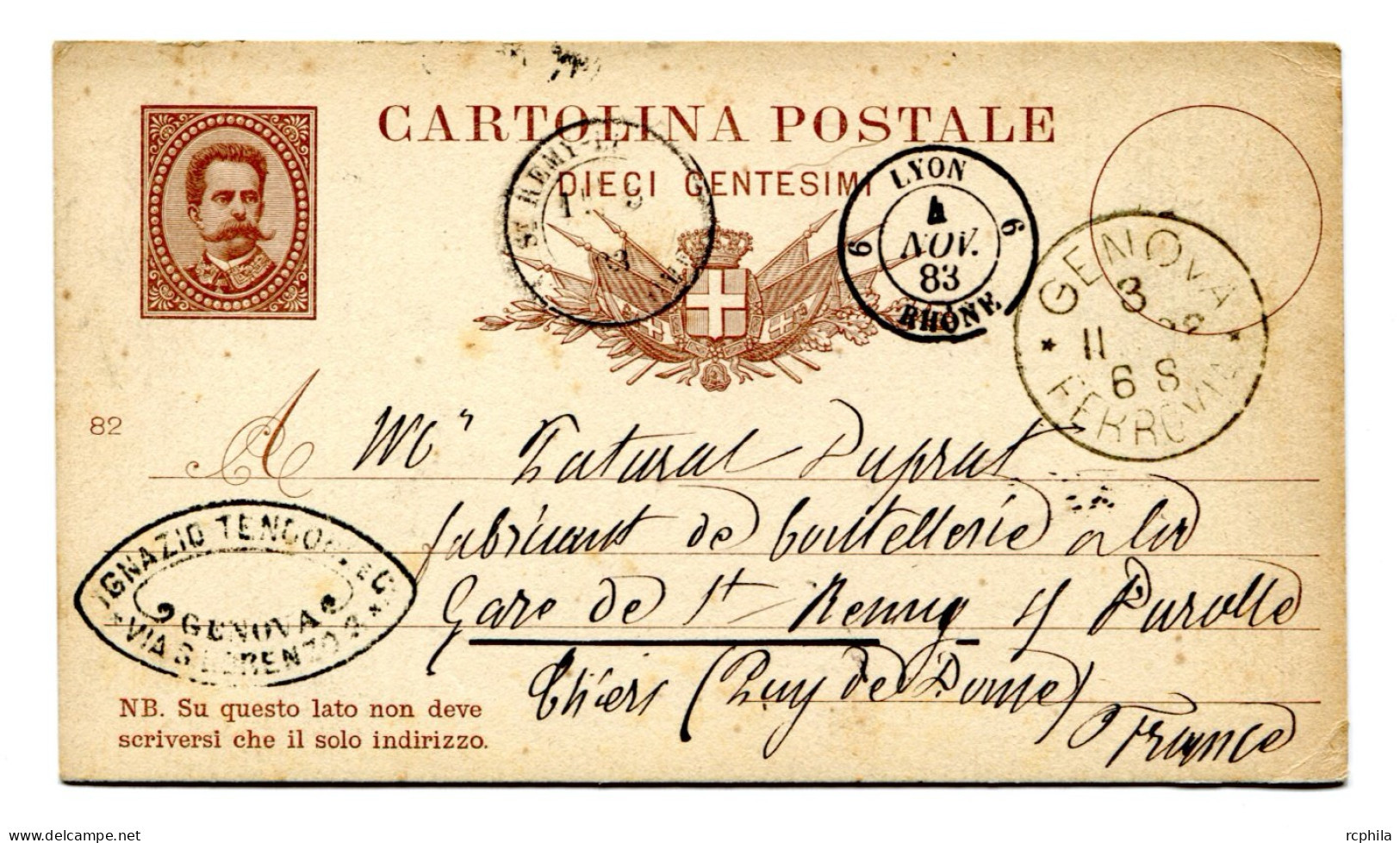 RC 24747 ITALIE 1883 ENTIER GENOVA FERROVIA POUR LA FRANCE - Stamped Stationery