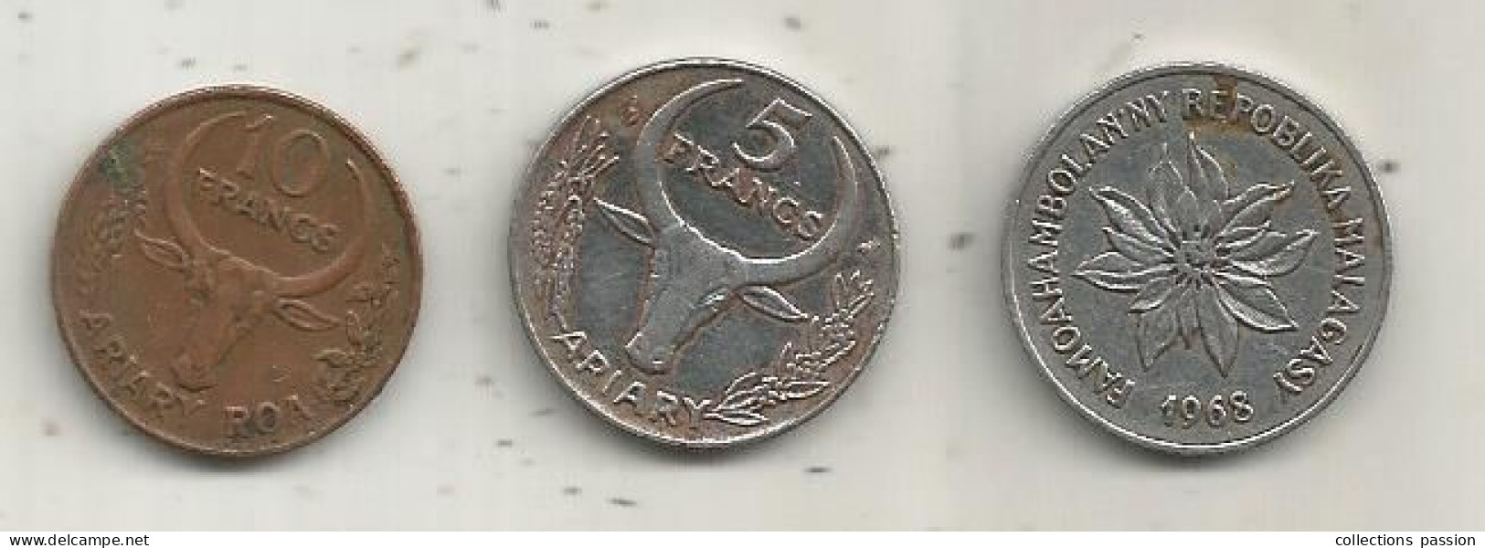 JC, Monnaie ,MADAGASCAR, MALAGASY, 5 Francs 1968; 5 Francs 1996; 10 Francs 1991,  LOT DE 3 MONNAIES - Madagaskar
