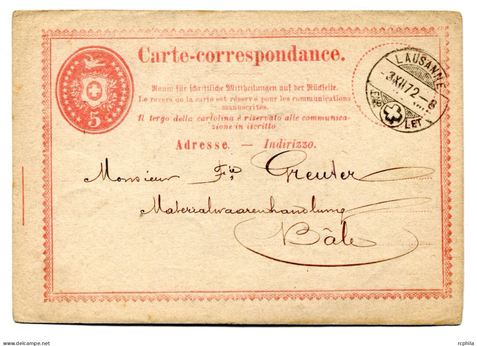 RC 24751 SUISSE 1872 ENTIER DE LAUSANNE POUR BALE - Enteros Postales