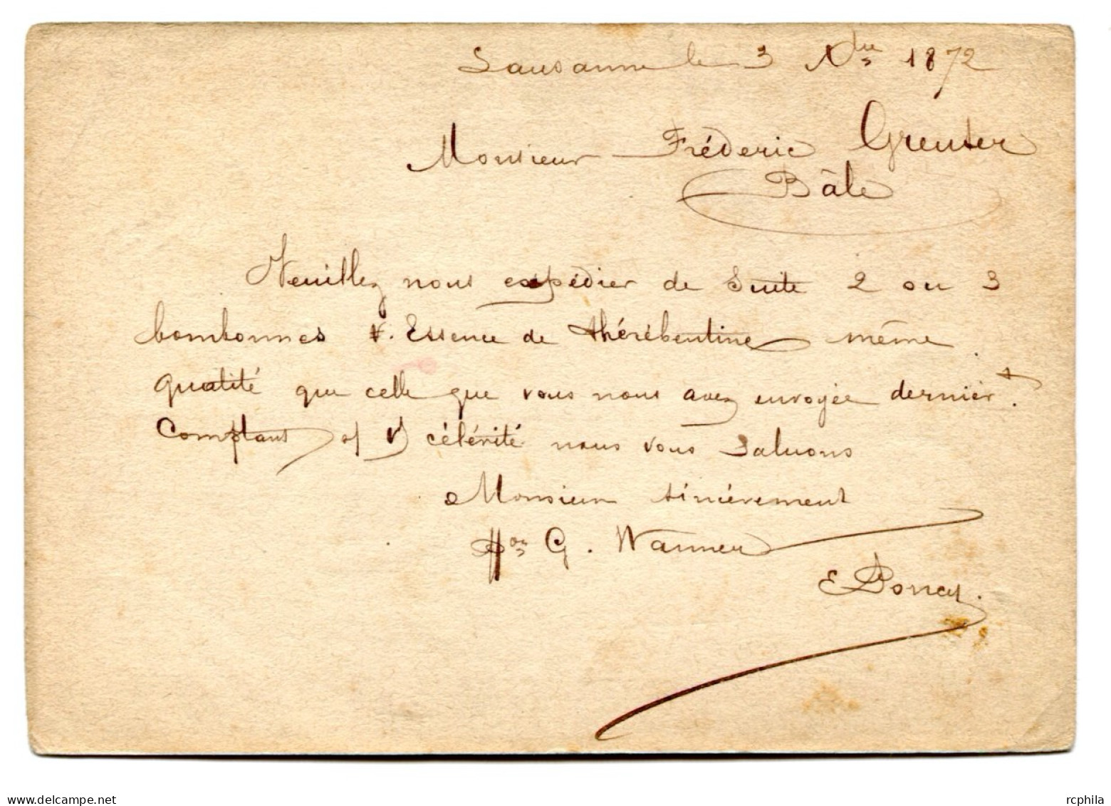 RC 24751 SUISSE 1872 ENTIER DE LAUSANNE POUR BALE - Enteros Postales