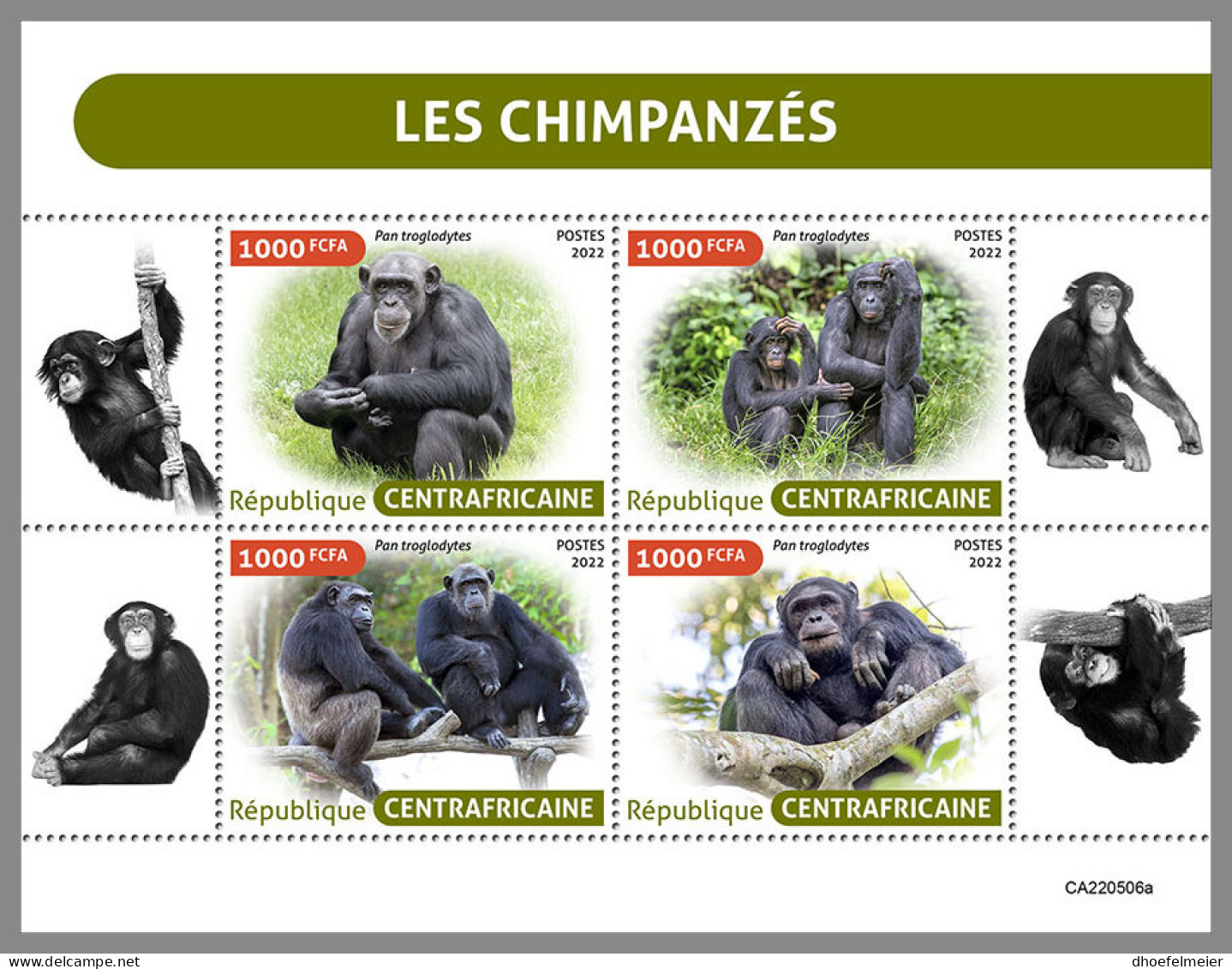 CENTRAL AFRICA 2022 MNH Chimpanzees Schimpansen Chimpanzes M/S - OFFICIAL ISSUE - DHQ2311 - Schimpansen