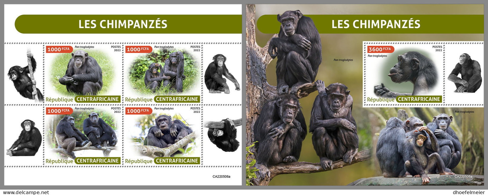 CENTRAL AFRICA 2022 MNH Chimpanzees Schimpansen Chimpanzes M/S+S/S - OFFICIAL ISSUE - DHQ2311 - Scimpanzé