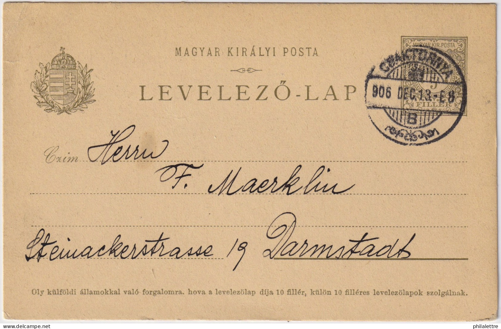 HONGRIE / HUNGARY - 1906 - 5f Postal Card Used From CSAKTORNYA To Darmstadt, Germany - Briefe U. Dokumente