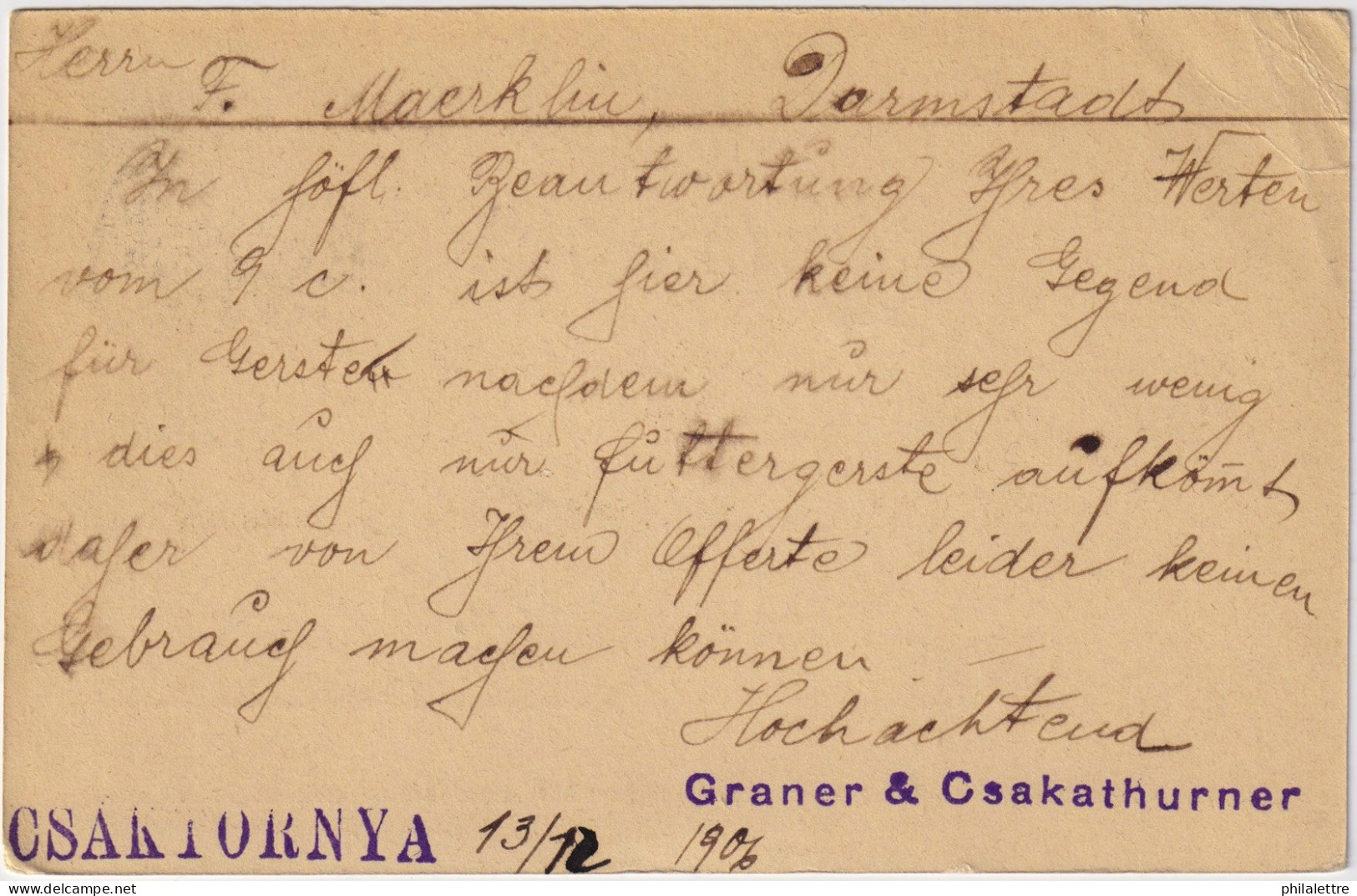HONGRIE / HUNGARY - 1906 - 5f Postal Card Used From CSAKTORNYA To Darmstadt, Germany - Storia Postale
