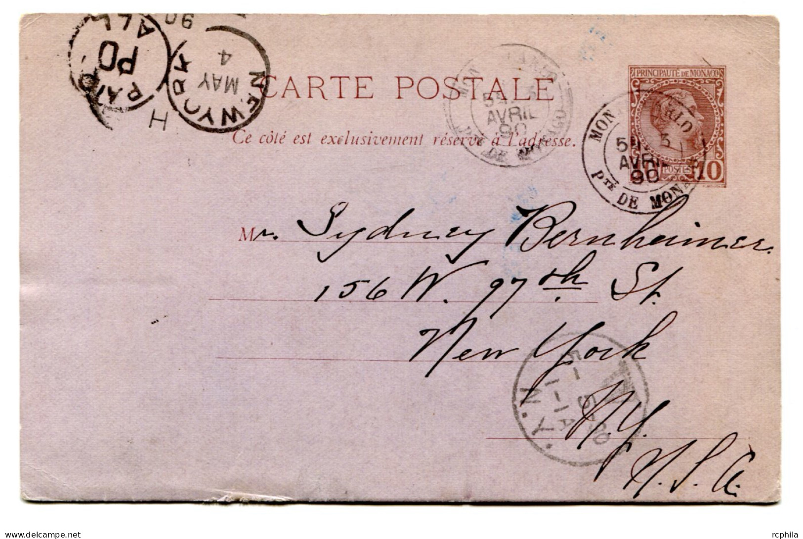 RC 24754 MONACO 1890 ENTIER DE MONTÉ CARLO POUR NEW YORK USA - Postwaardestukken