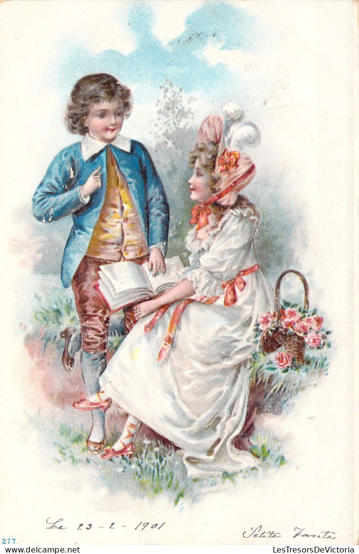 COUPLE Dans Le Jardin - Illustration Non Signée - Panier De Fleurs - Carte Postale Ancienne - Paare