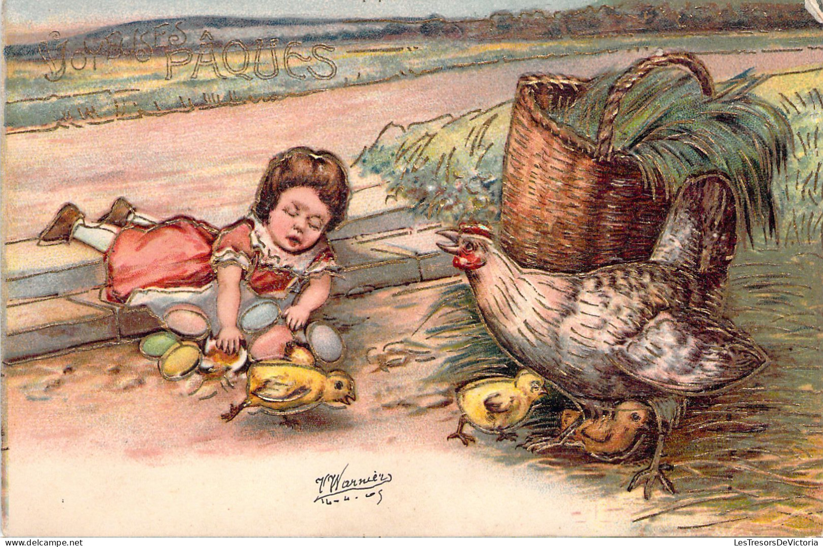 ENFANT Allongée Sur Le Sol Avec Une Poule Des œufs Et Poussins - Joyeuses Pâques - Carte Postale Ancienne - Groepen Kinderen En Familie