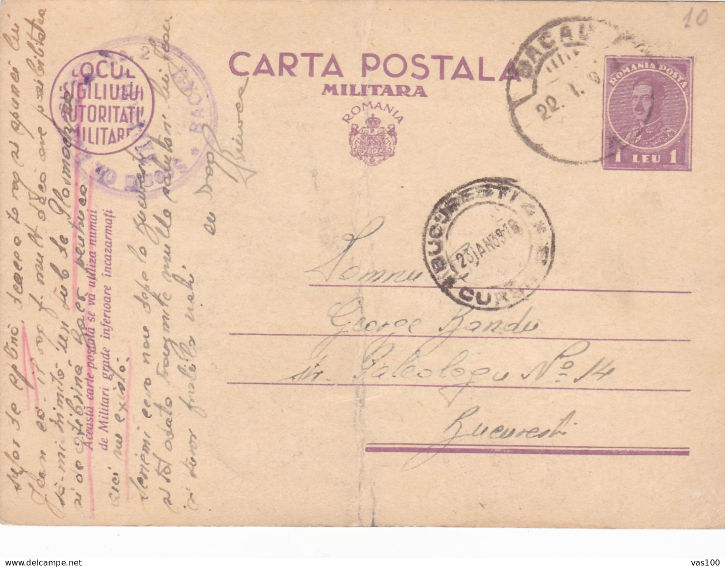 Romania, 1939, WWII Military Censored CENSOR ,POSTCARD STATIONERY  POSTMARK  BACAU - 2. Weltkrieg (Briefe)