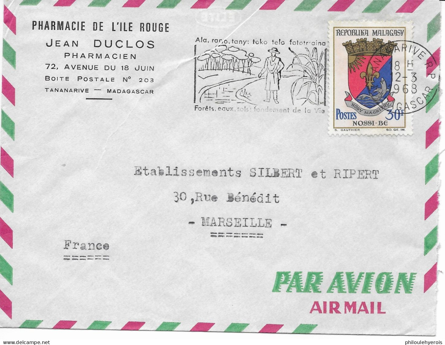 TANANARIVE MADAGASCAR Pharmacie De L'ile Rouge 1968 Pour MARSEILLE (13) - Non Classés