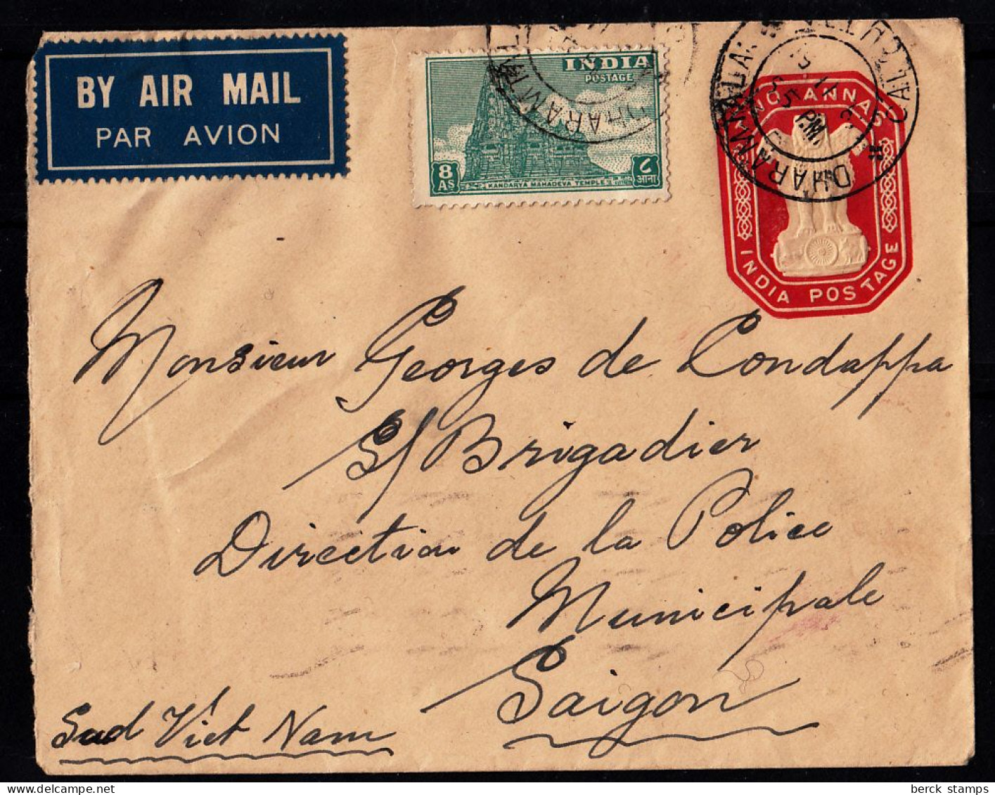 INDE - ENTIER/LETTRE - Départ DHARAMAMSALA 19.2.51 / Arrivée SAIGON (Sud Vietnam) 21.2.51.+ Timbre Complémentaire. - Covers