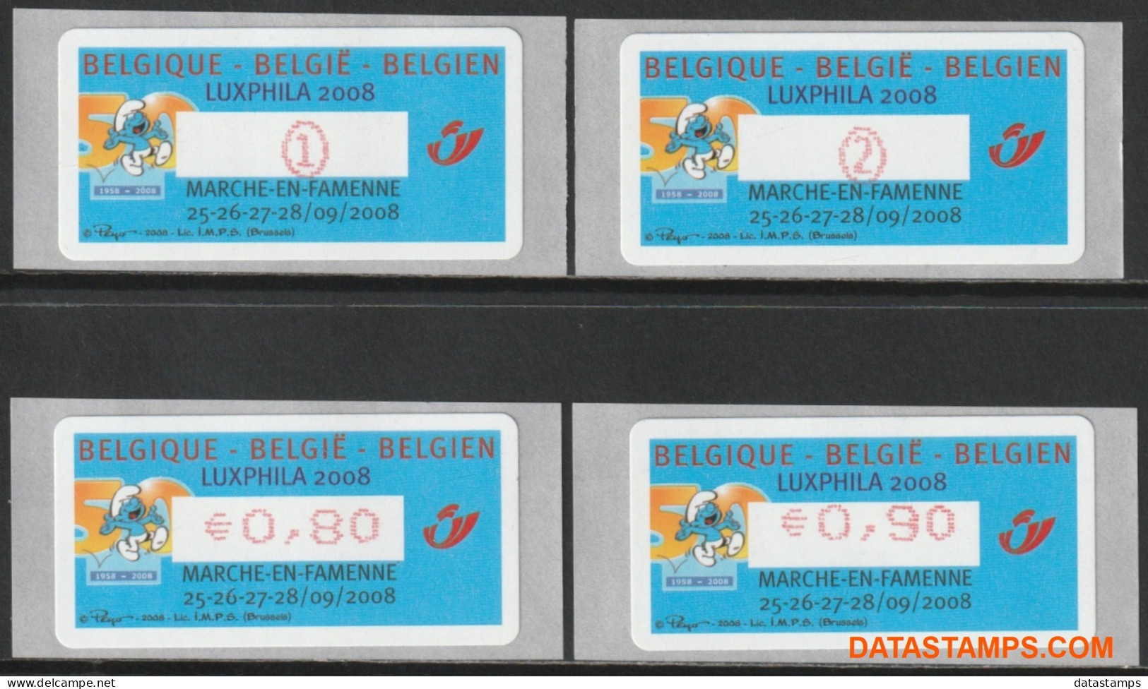 België 2008 - Mi:Autom 64, Yv:TD 72, OBP:ATM 121 Set, Machine Stamp - XX - Luxphila The Smurfs - Mint