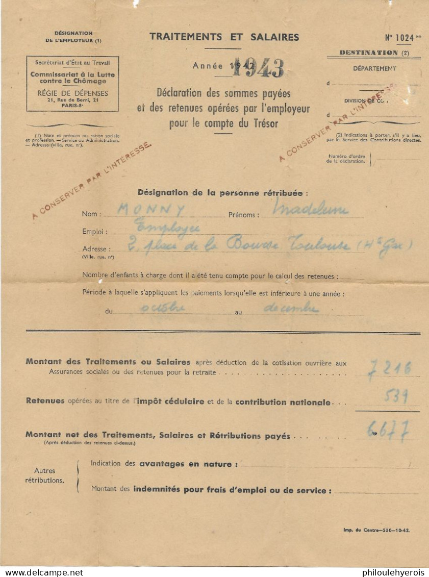 PARIS Lettre Commissariat à La Lutte Contre Le Chomage 1944 Avec Déclaration Salaires 1943 Pour TOULOUSE - Non Classés