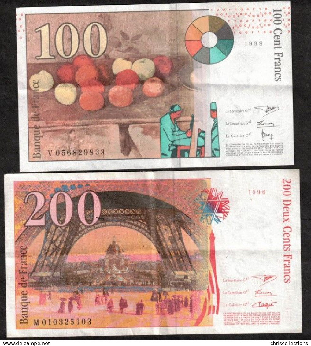 FRANCE - Lot De 2 Billets Français - 100F Cézanne 1998 - 200F Eiffel 1996 - TTB/TTB+ - Non Classificati