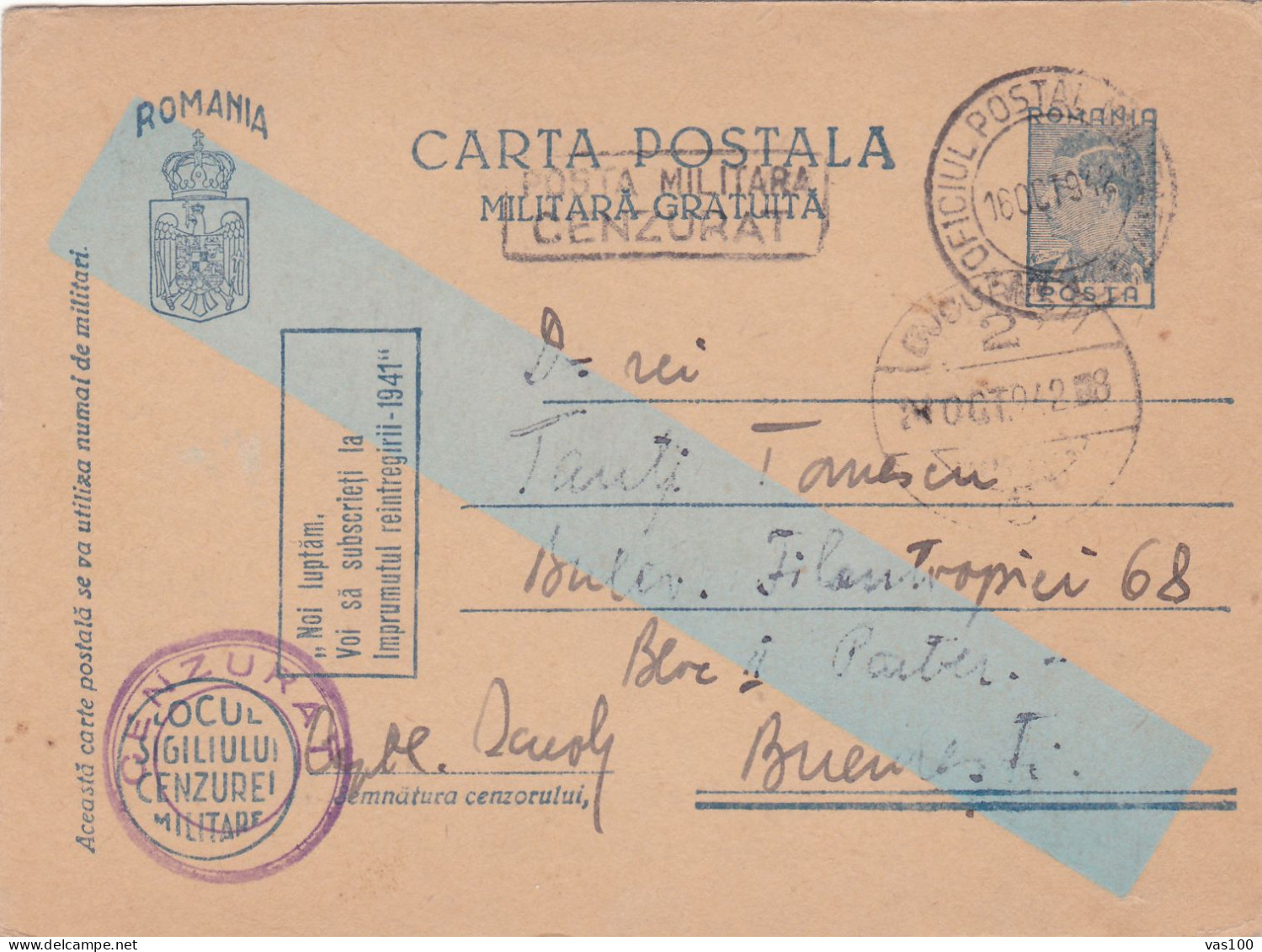 Romania, 1942, WWII Military Censored CENSOR ,POSTCARD STATIONERY  POSTMARK BUCURESTI,OPM # 139 - 2. Weltkrieg (Briefe)