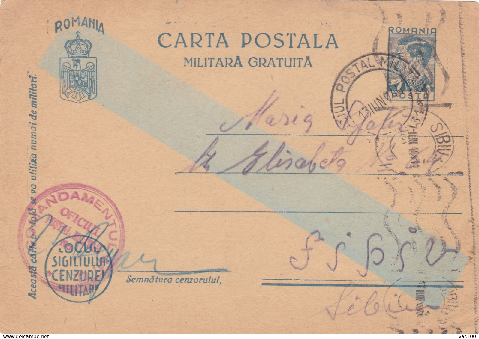 Romania, 1944, WWII Military Censored CENSOR ,POSTCARD STATIONERY  POSTMARK SIBIUI,OPM # 3031 - 2. Weltkrieg (Briefe)