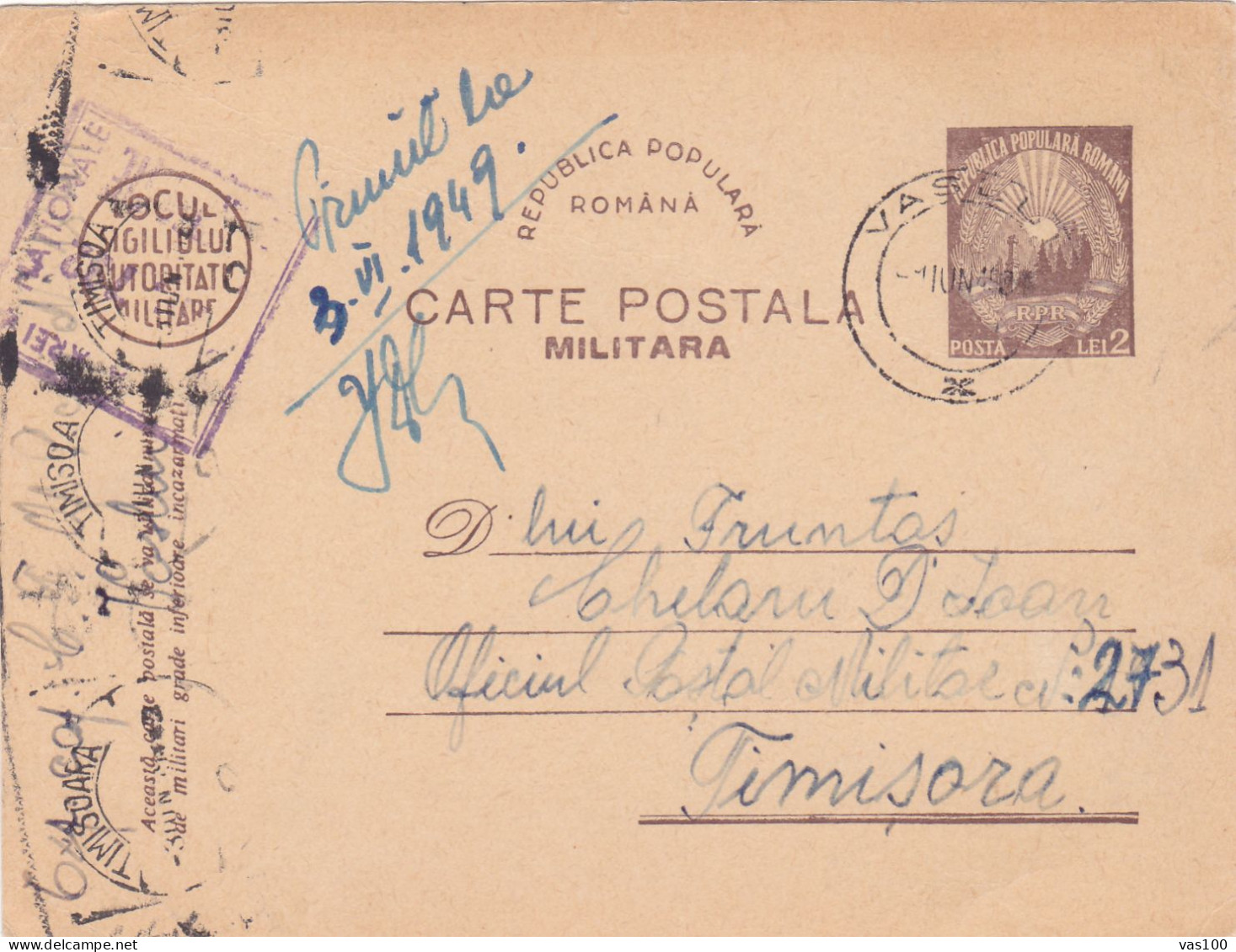 Romania, 1949, WWII Military Censored CENSOR ,POSTCARD STATIONERY  POSTMARK VASLUI TO TIMISOARA - 2de Wereldoorlog (Brieven)