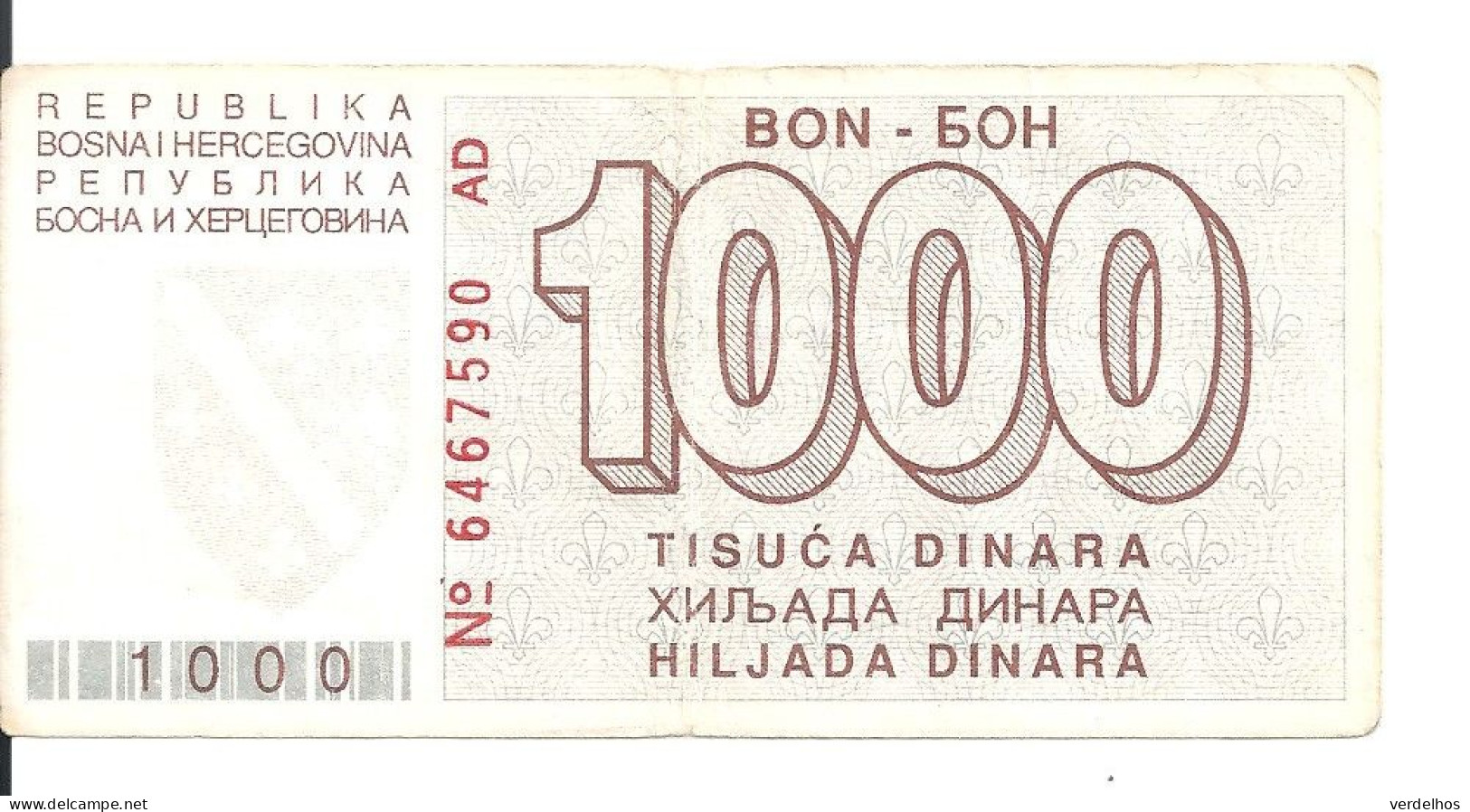 BOSNIE-HERZEGOVINE 1000 DINARA 1992 VF P 26 - Bosnie-Herzegovine