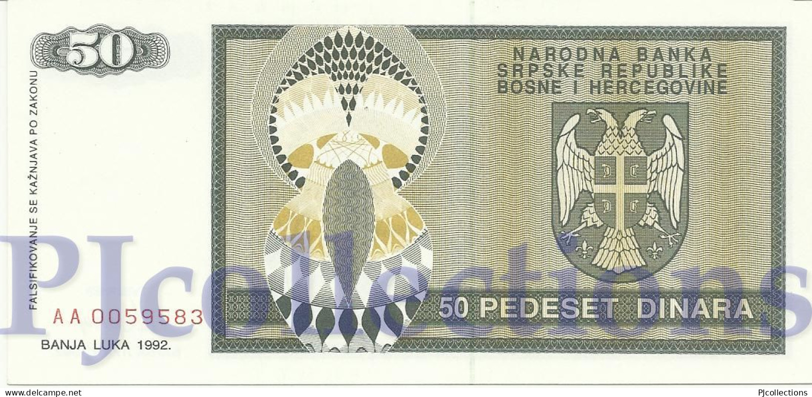 BOSNIA HERZEGOVINA 50 DINARA 1992 PICK 134a UNC - Bosnie-Herzegovine