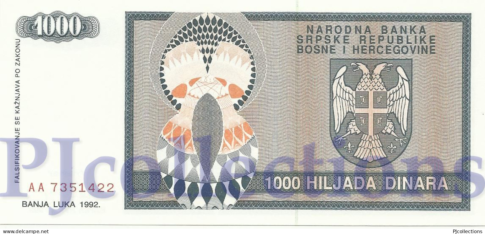 BOSNIA HERZEGOVINA 1000 DINARA 1992 PICK 137a UNC - Bosnie-Herzegovine