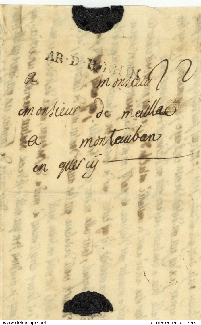AR.D.H.RHIN Lenain 7A32 1761/1762 Tauriac Guerre De Sept Ans Pour Montauban Cuirassiers Du Roi - Armeestempel (vor 1900)