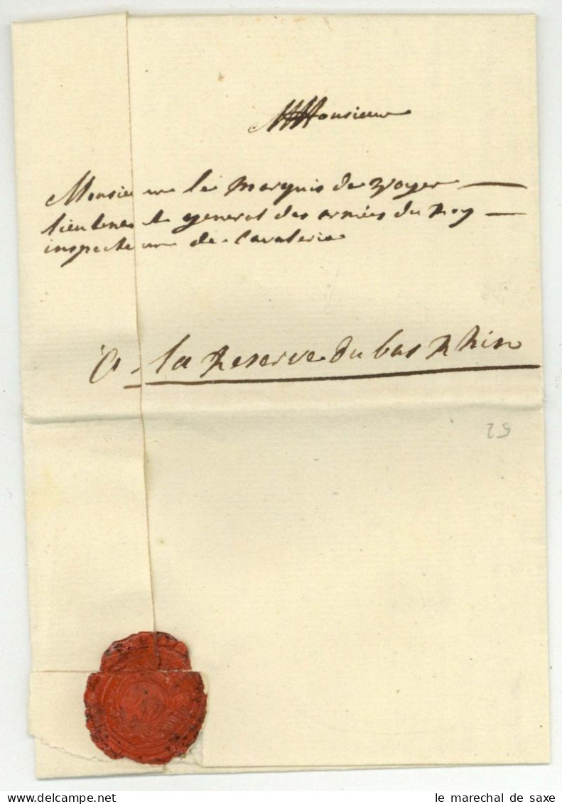 Guerre De Sept Ans 1760 Lettre Adressée A La Reserve Du Bas Rhin Au Marquis De Voyer D'Argenson Larcher - Bolli Militari (ante 1900)