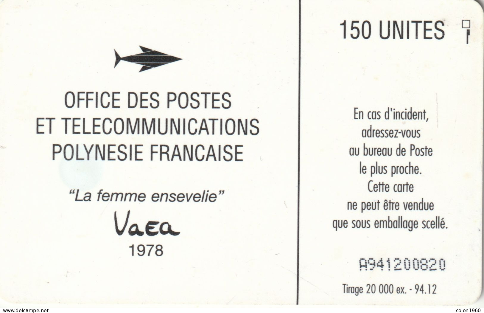 POLINESIA FRANCESA. FP030. La Femme Ensevelie, Vaea 1978. 1994-12. 20000 Ex. (041) - Polynésie Française