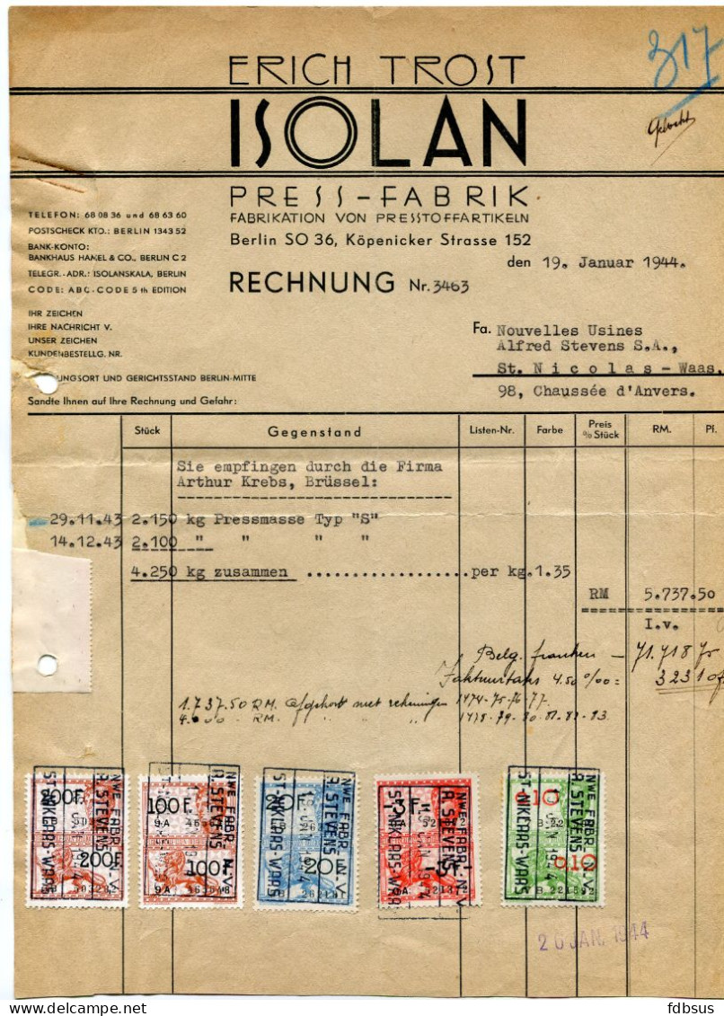 1944 Invoice Rechnung Erich Trost ISOLAN Press Fabrik Berlin ( Presstoffartikeln ) - Met Diverse Fiscale Zegels - 1900 – 1949