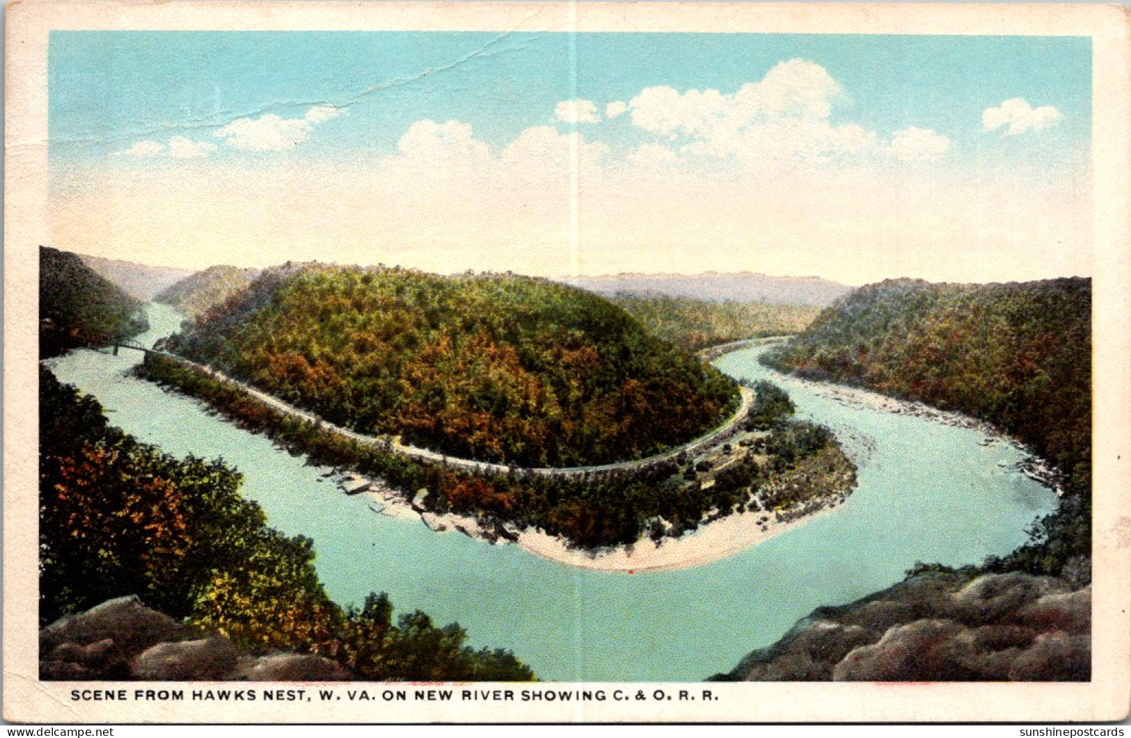 West Virginia Scene From Hawks Nest On New River Showing C & O Railroad Curteich - Sonstige & Ohne Zuordnung