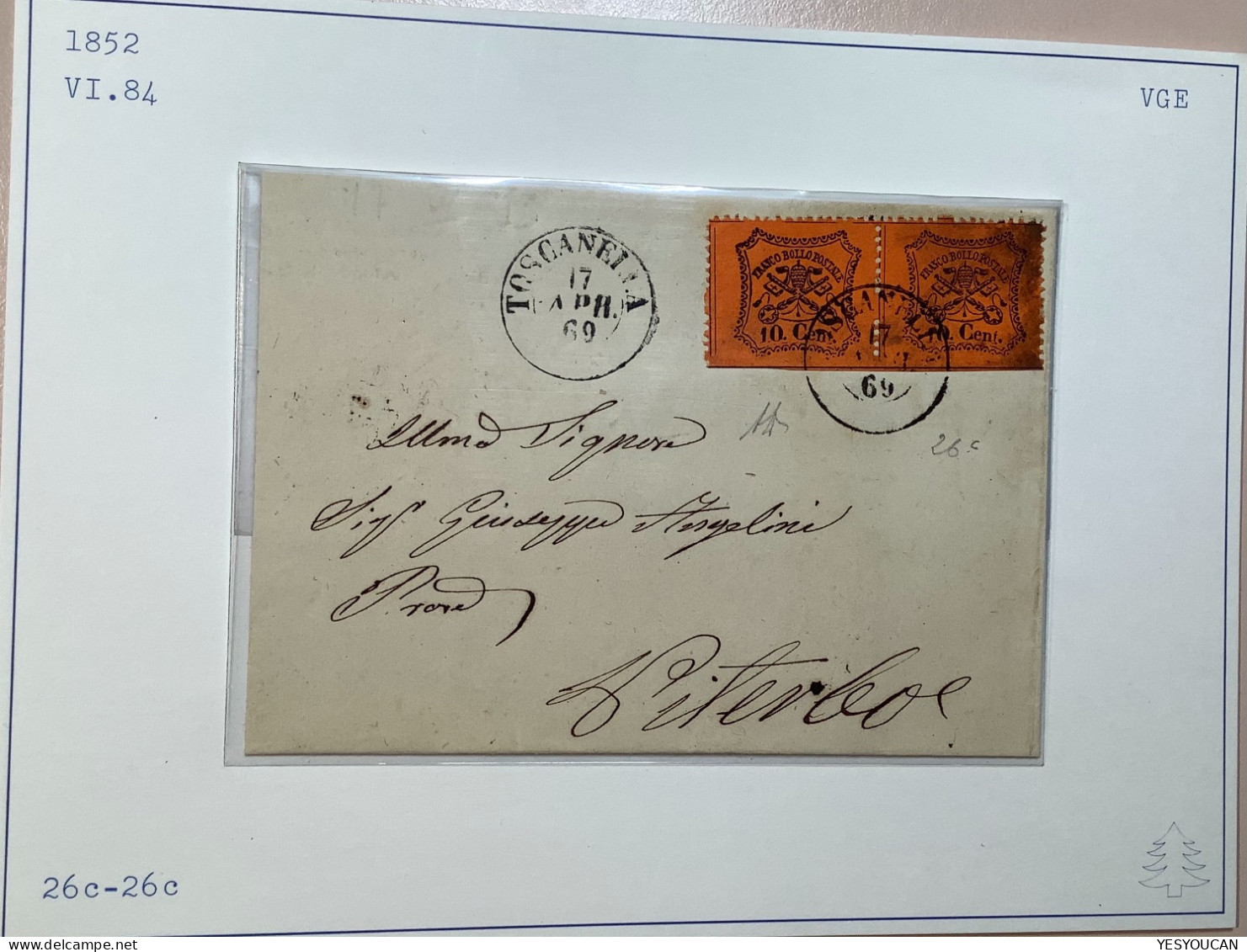 Stato Pontificio Sa.26c SPL ! (EX PROVERA) TOSCANELLA 1869 Lettera (A.Diena Lettre Pontifical States Cover - Papal States