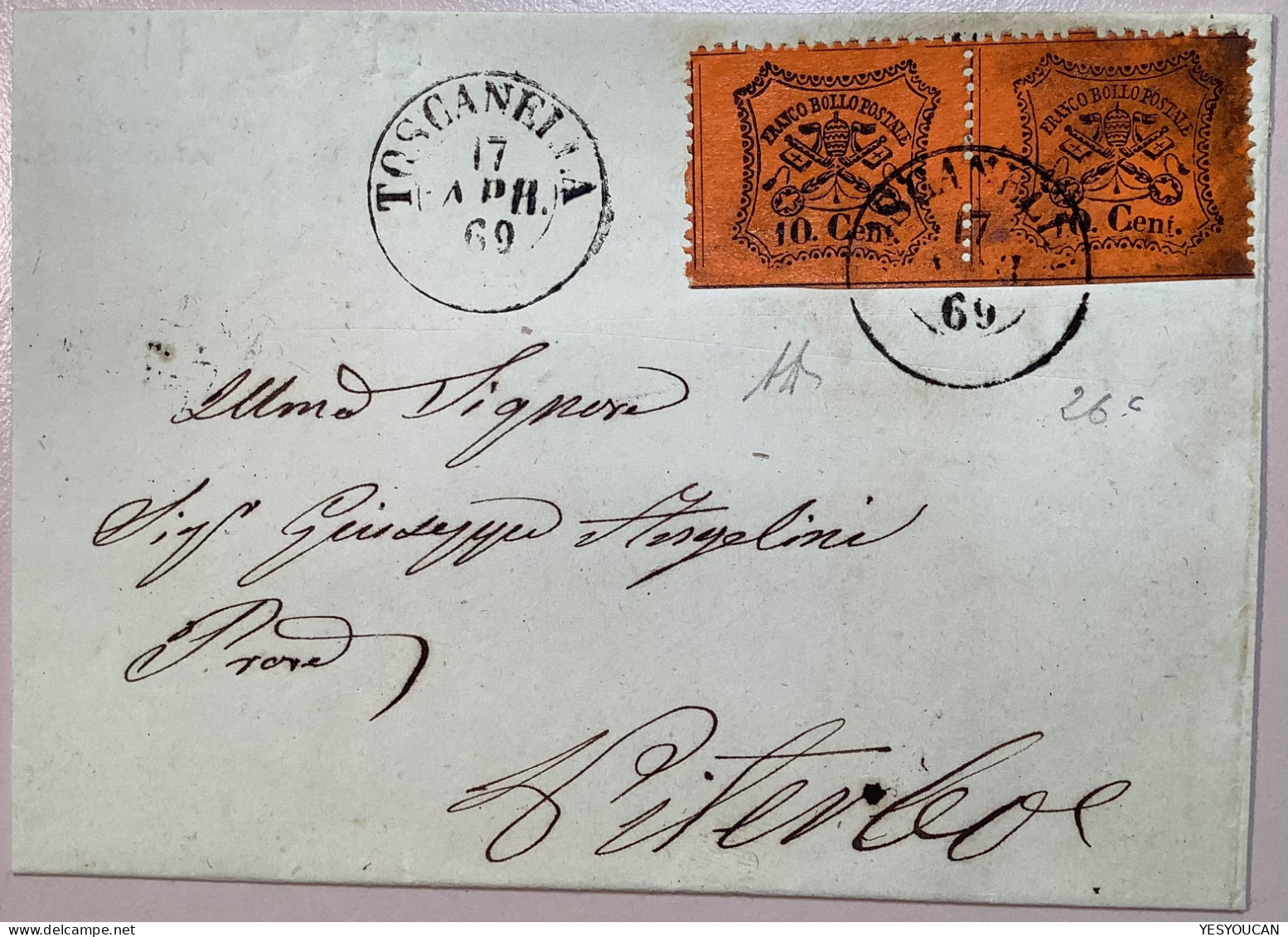 Stato Pontificio Sa.26c SPL ! (EX PROVERA) TOSCANELLA 1869 Lettera (A.Diena Lettre Pontifical States Cover - Etats Pontificaux