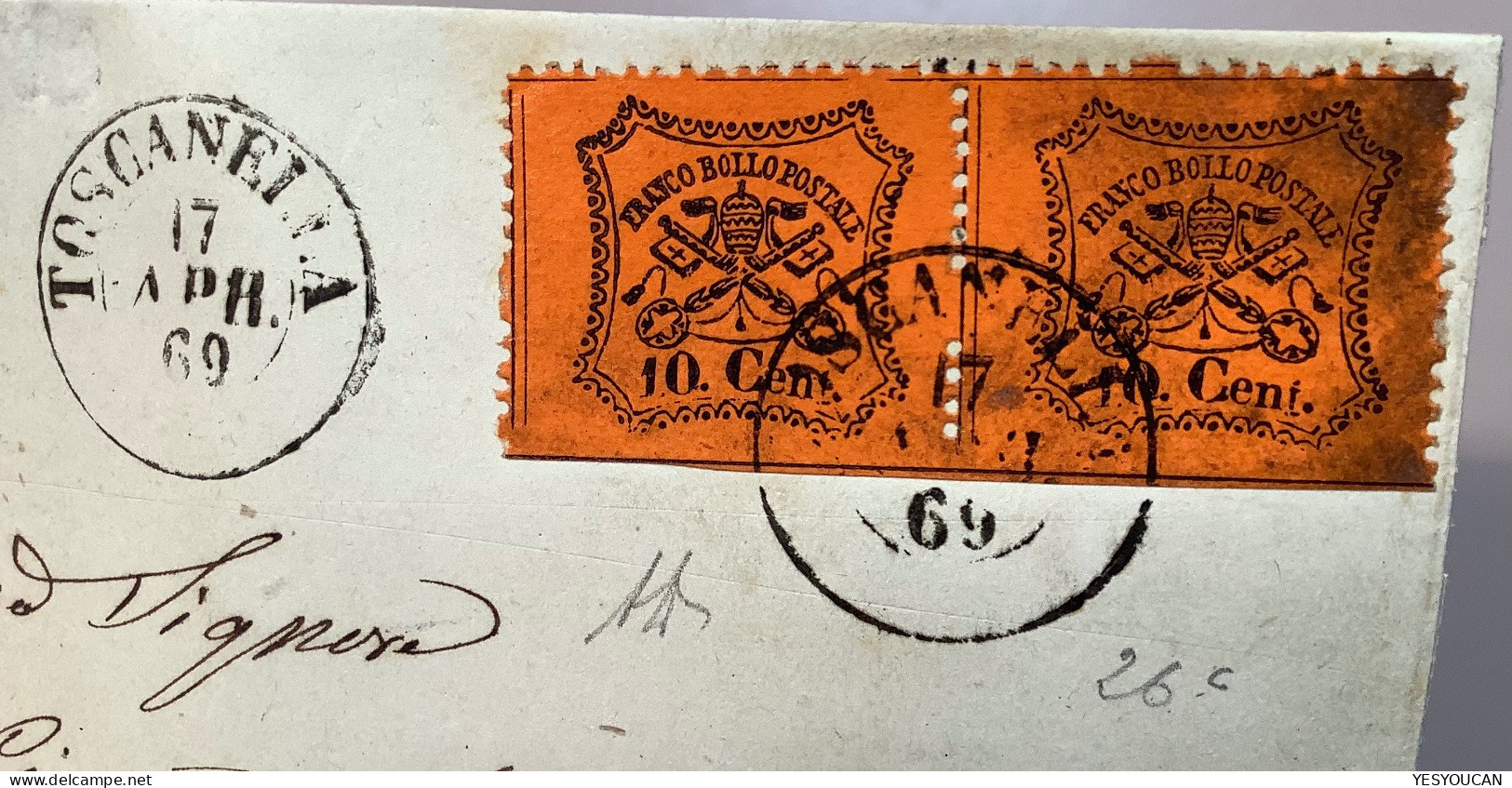 Stato Pontificio Sa.26c SPL ! (EX PROVERA) TOSCANELLA 1869 Lettera (A.Diena Lettre Pontifical States Cover - Papal States