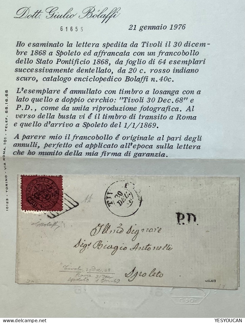 Stato Pontificio Sa.27 SPL ! (EX PROVERA) TIVOLI 1868 Lettera>Spoleto, Cert Bolaffi (Pontifical States Cover - Kerkelijke Staten