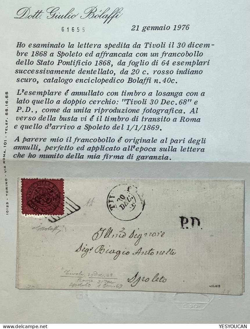 Stato Pontificio Sa.27 SPL ! (EX PROVERA) TIVOLI 1868 Lettera>Spoleto, Cert Bolaffi (Pontifical States Cover - Kirchenstaaten