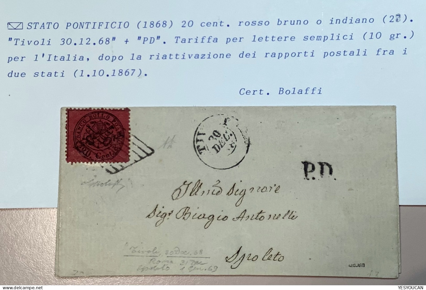 Stato Pontificio Sa.27 SPL ! (EX PROVERA) TIVOLI 1868 Lettera>Spoleto, Cert Bolaffi (Pontifical States Cover - Kerkelijke Staten