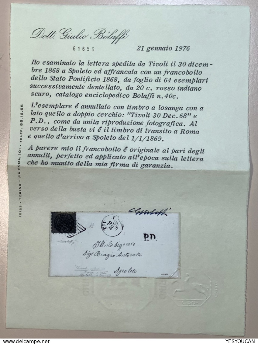 Stato Pontificio Sa.27 SPL ! (EX PROVERA) TIVOLI 1868 Lettera>Spoleto, Cert Bolaffi (Pontifical States Cover - Kirchenstaaten