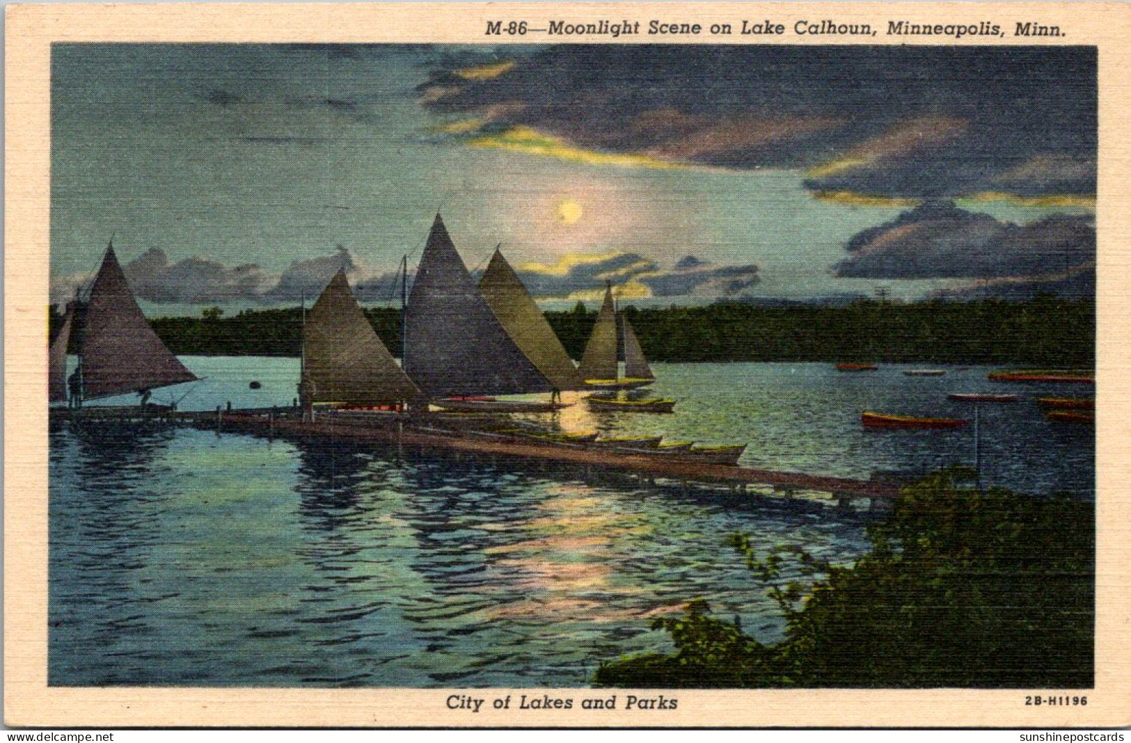 Minnesota Minneapolis Moonlight Scene On Lake Calhoun Curteich - Minneapolis