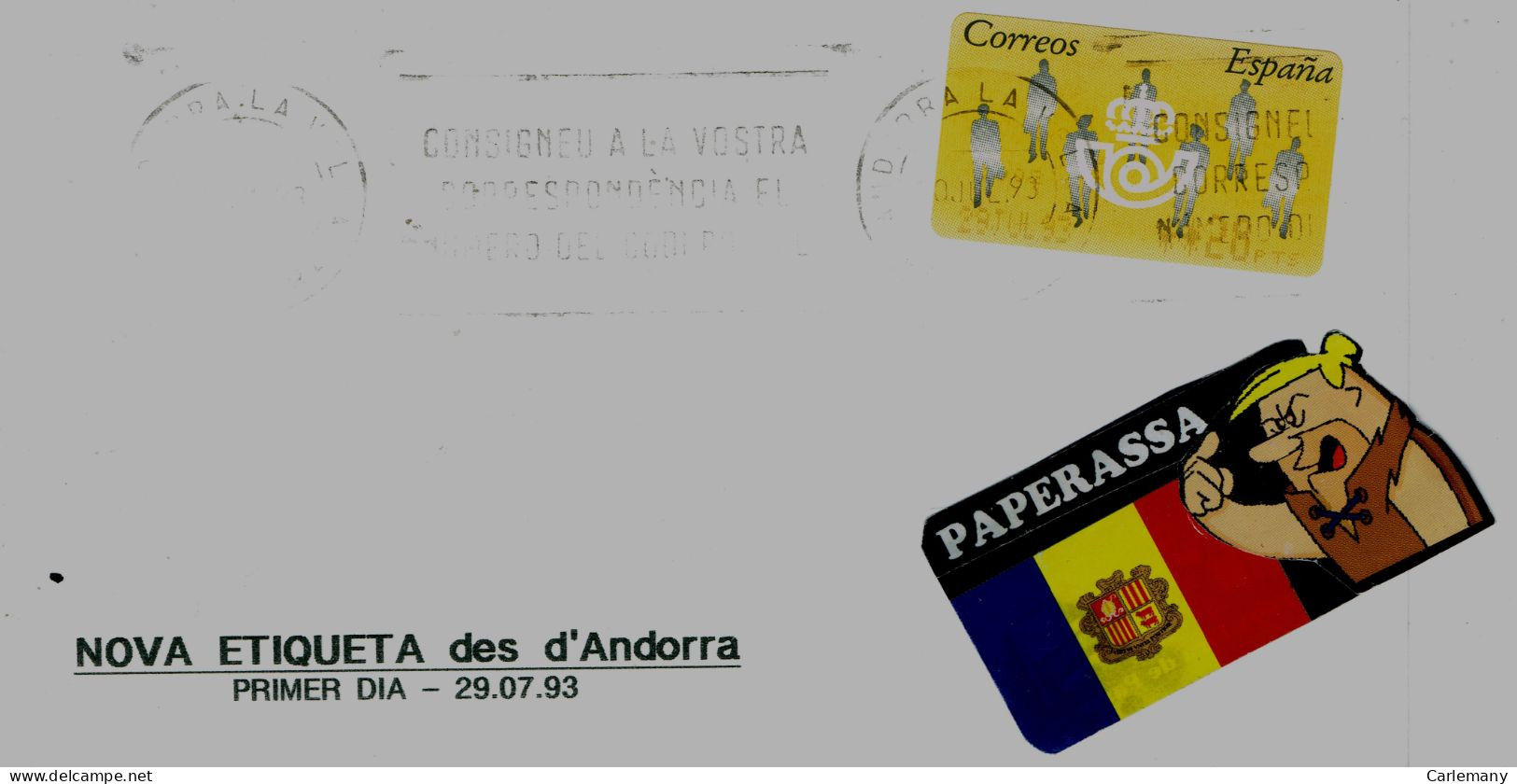 Sobre Avec Etiquete  Yelow Utilizada En Andorra 1993 - Franking Machines (EMA)