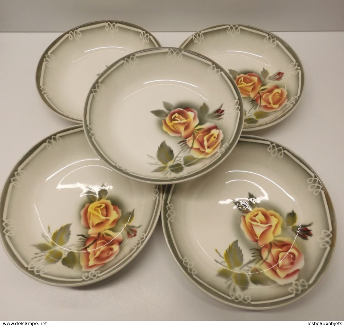 -5 ASSIETTES CREUSES CERAMIQUE DIGOIN Modèle ADELE Roses Jaune Orangé    E - Digoin (FRA)