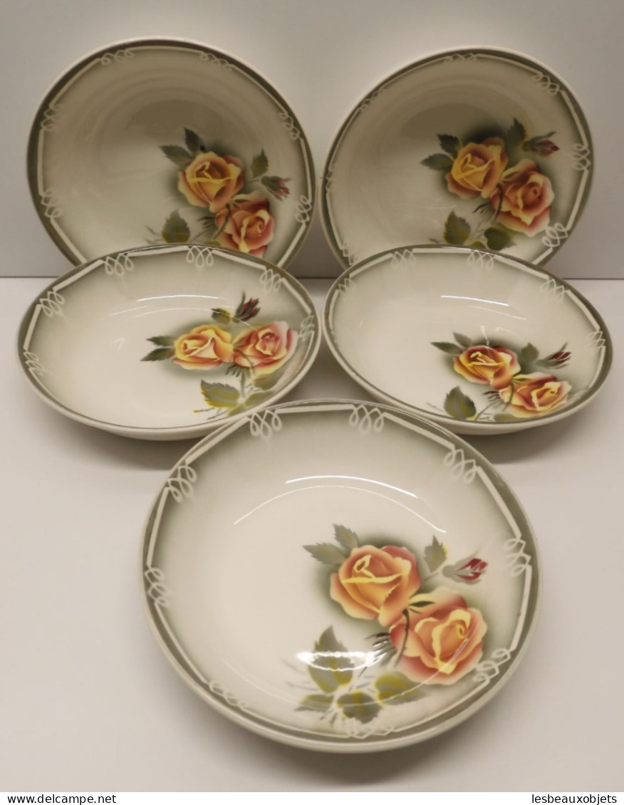 -5 ASSIETTES CREUSES CERAMIQUE DIGOIN modèle ADELE Roses jaune orangé    E