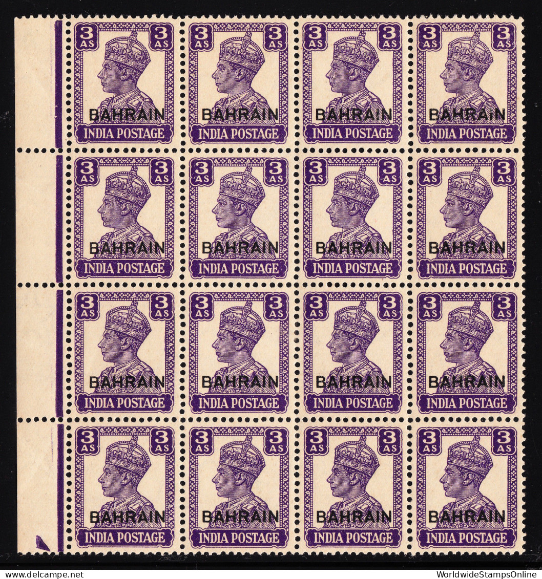 BAHRAIN — SCOTT 46 (SG 45) — 1943 3A KGVI OVERPRINT — MNH — BLOCK/16 — SCV $343 - Bahrain (...-1965)