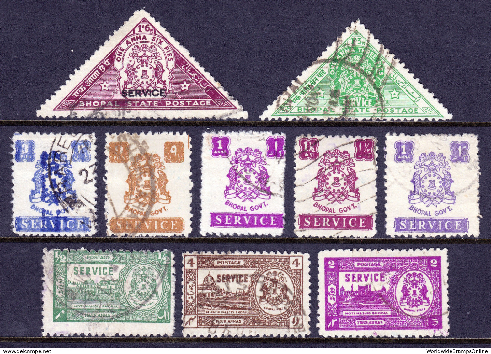 INDIA (BHOPAL) — SCOTT O42//O55  — 1939-46 OFFICIAL ISSUES — USED — SCV $32.00 - Bhopal