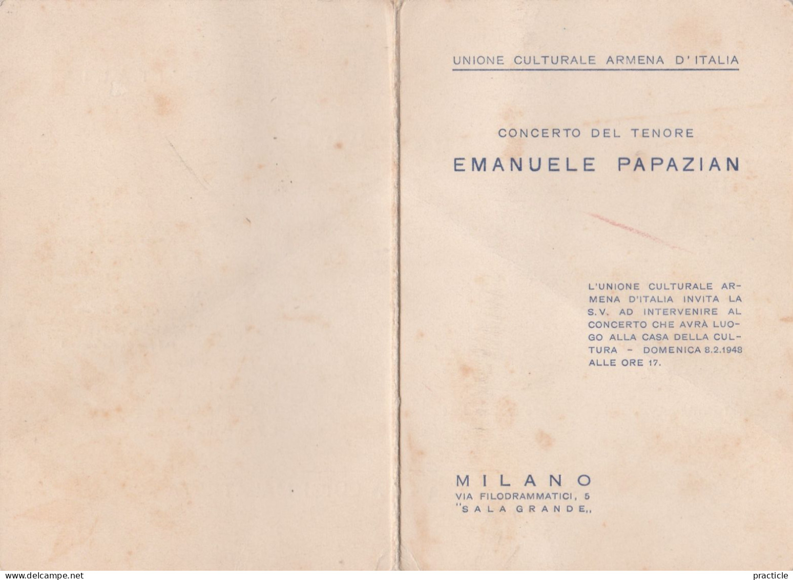 2618 Unione Culturale Armena D’Italia Emanuele Papazian Concert Program Armenian Armenienne Armenie - Programmes