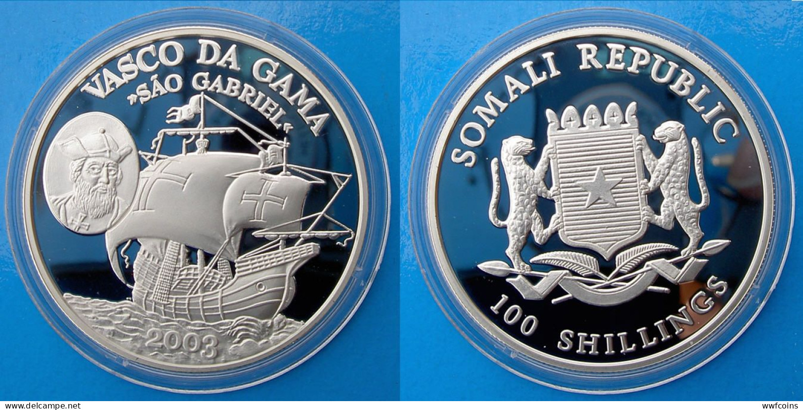 SOMALI REPUBLIC 100 S 2003 ARGENTO PROOF SILVER VELIERO NAVE VASCO DA GAMA SAO GABRIEL SHIP PESO 28,2g TITOLO 0,925 CONS - Somalia